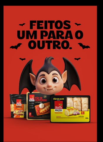 Pôster 'Feitos um para o outro' com o mascote Conde Alhyson e produtos Santa Massa